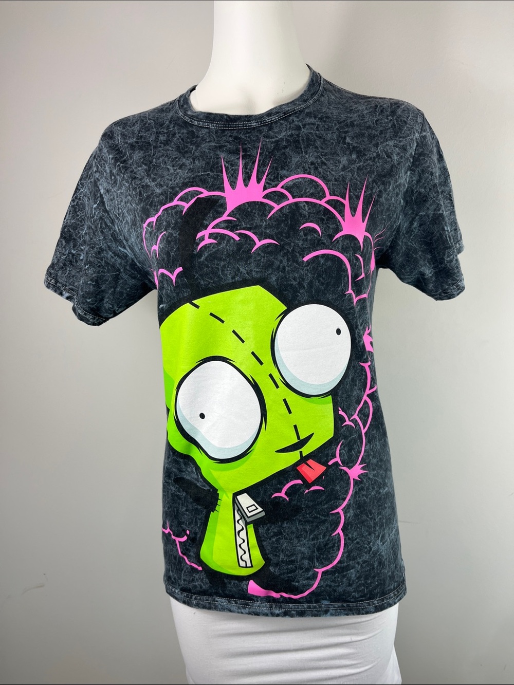 Nickelodeon Black Acid-Wash Tee with Neon Green & Hot Pink Alien Graphic